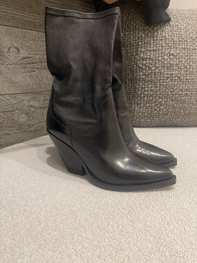 Isabel Marant Black Leather Pointed-Toe Wedge Boots